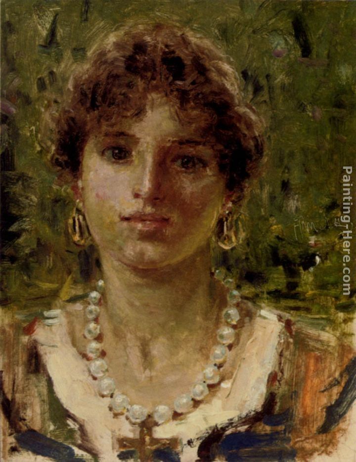 Francesco Paolo Michetti Portrait Of A Girl Wearing A Pearl Necklace